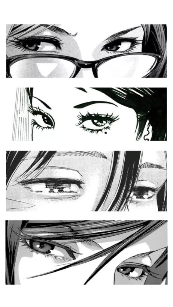 manga-vs-anime-5 Four manga-style eye illustrations in grayscale, showcasing various expressions and emotions in close-up. | Sky Rye Design Four manga-style eye illustrations in grayscale, showcasing various expressions and emotions in close-up.