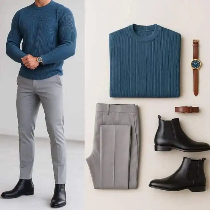 Men's fashion: blue sweater, gray trousers, black boots, brown leather watch. Stylish outfit for a smart, modern look.