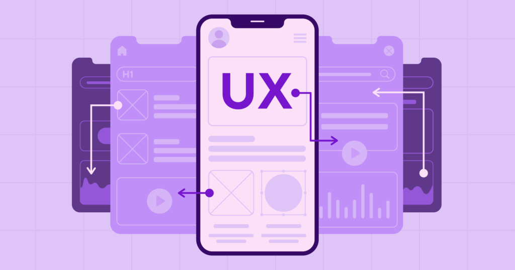 mobileappux_blog_v01_card Illustration of UX design on a smartphone screen with wireframes and UI elements, symbolizing user experience optimization. | Sky Rye Design Illustration of UX design on a smartphone screen with wireframes and UI elements, symbolizing user experience optimization.