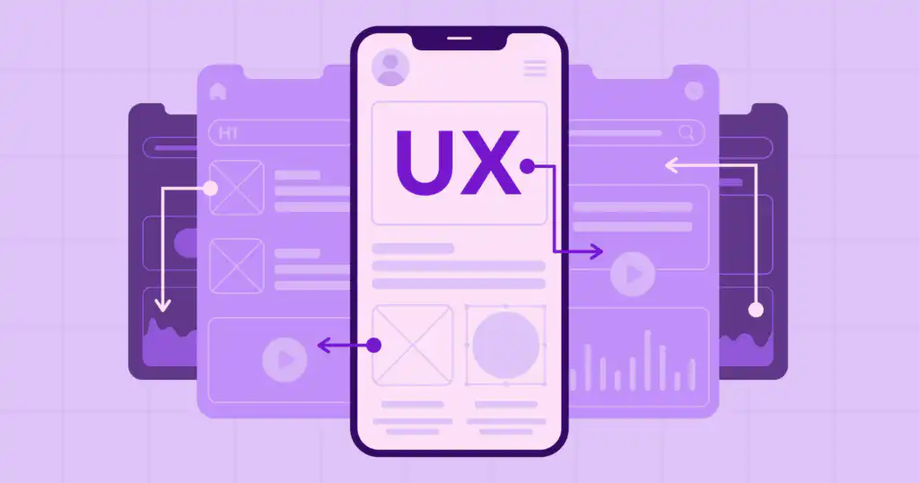 Illustration of UX design on a smartphone screen with wireframes and UI elements, symbolizing user experience optimization.