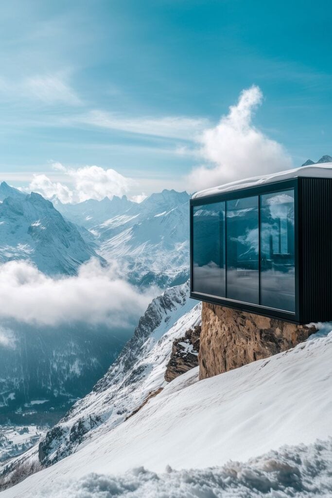 Modern glass cabin perched on snowy mountain with panoramic views of alpine peaks under a clear blue sky.