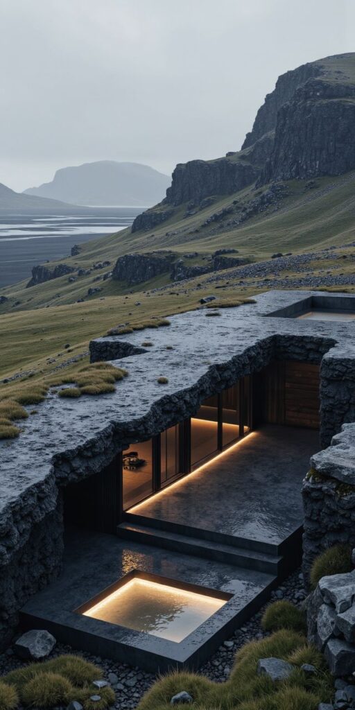 Modern cliffside home with floor-to-ceiling windows, nestled in a rocky landscape overlooking a serene valley.