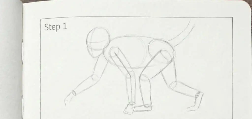 Step 1: Basic sketch of a crawling figure in a notebook, showing simple shapes and structure for drawing practice.