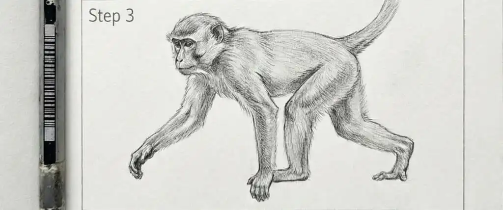 Pencil drawing of a walking monkey, Step 3, with detailed fur texture and posture, next to a pencil for scale.