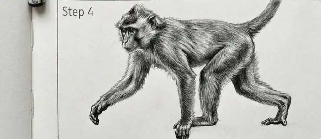Step 4 of monkey drawing tutorial: Detailed sketch of a monkey walking, showcasing realistic fur texture on paper.