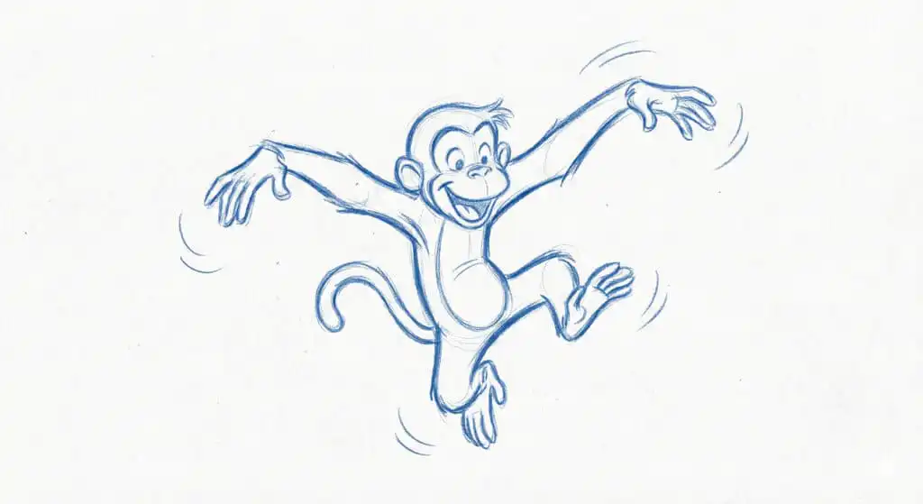 Cheerful sketch of a cartoon monkey jumping with arms wide, conveying joy and playfulness in a lively and dynamic pose.