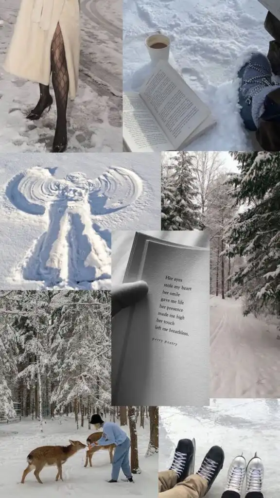 Collage of winter scenes: snowy forest, book in snow, footprints, ice skating, snow angel, poetry, woman in fur coat, and feeding deer.