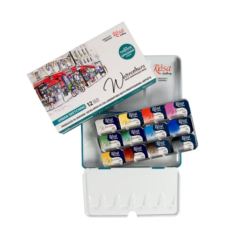 Rosa Gallery Urban Sketching watercolor paint set, 12 vibrant colors in a tin box, ideal for artists and creative projects.