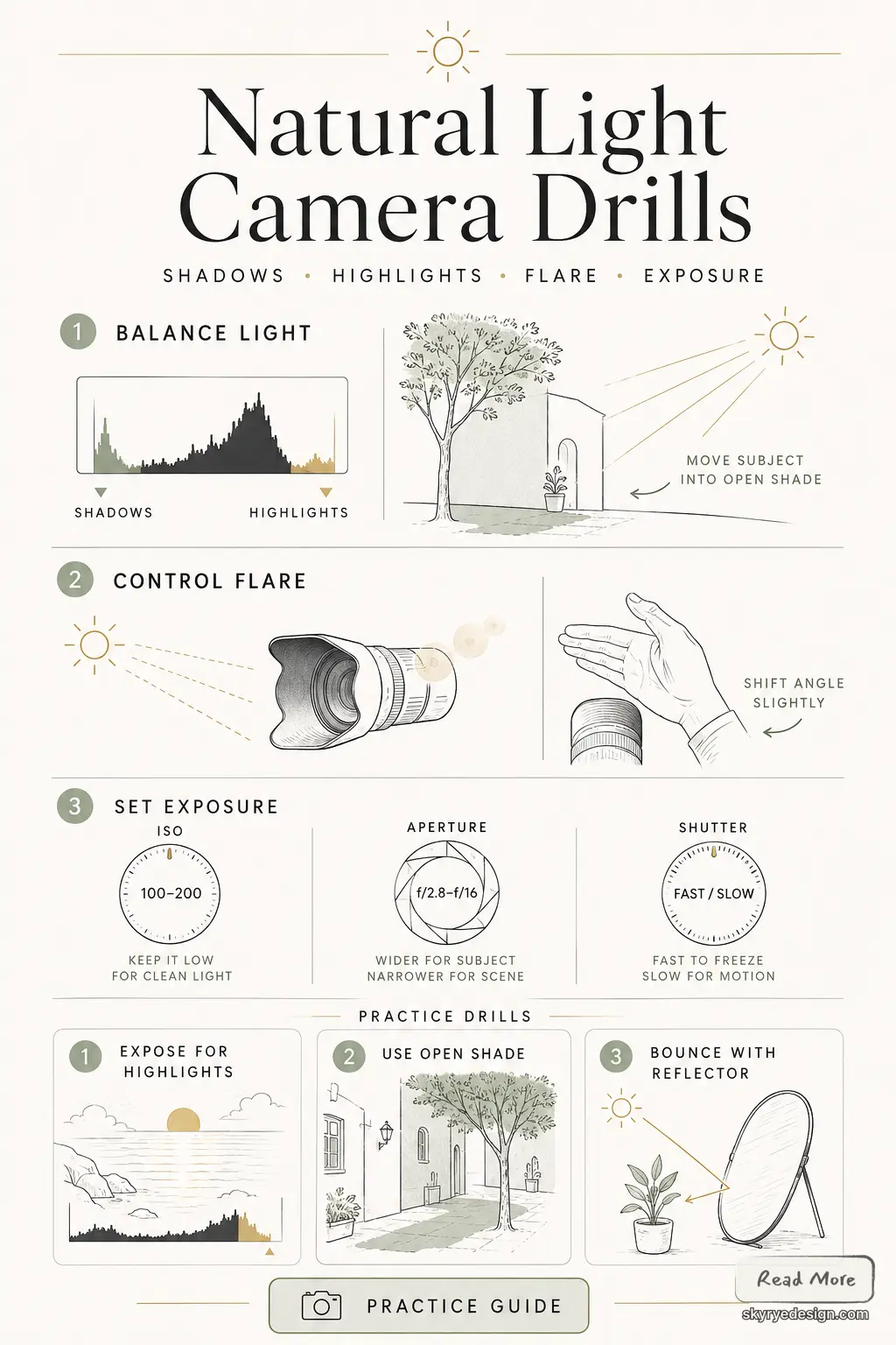 12e2dab1-3e63-4020-afce-9b62148a18e3 Natural light camera drills photography infographic — balance light, control flare, set exposure (ISO, aperture, shutter) | Sky Rye Design Natural light camera drills photography infographic — balance light, control flare, set exposure (ISO, aperture, shutter)