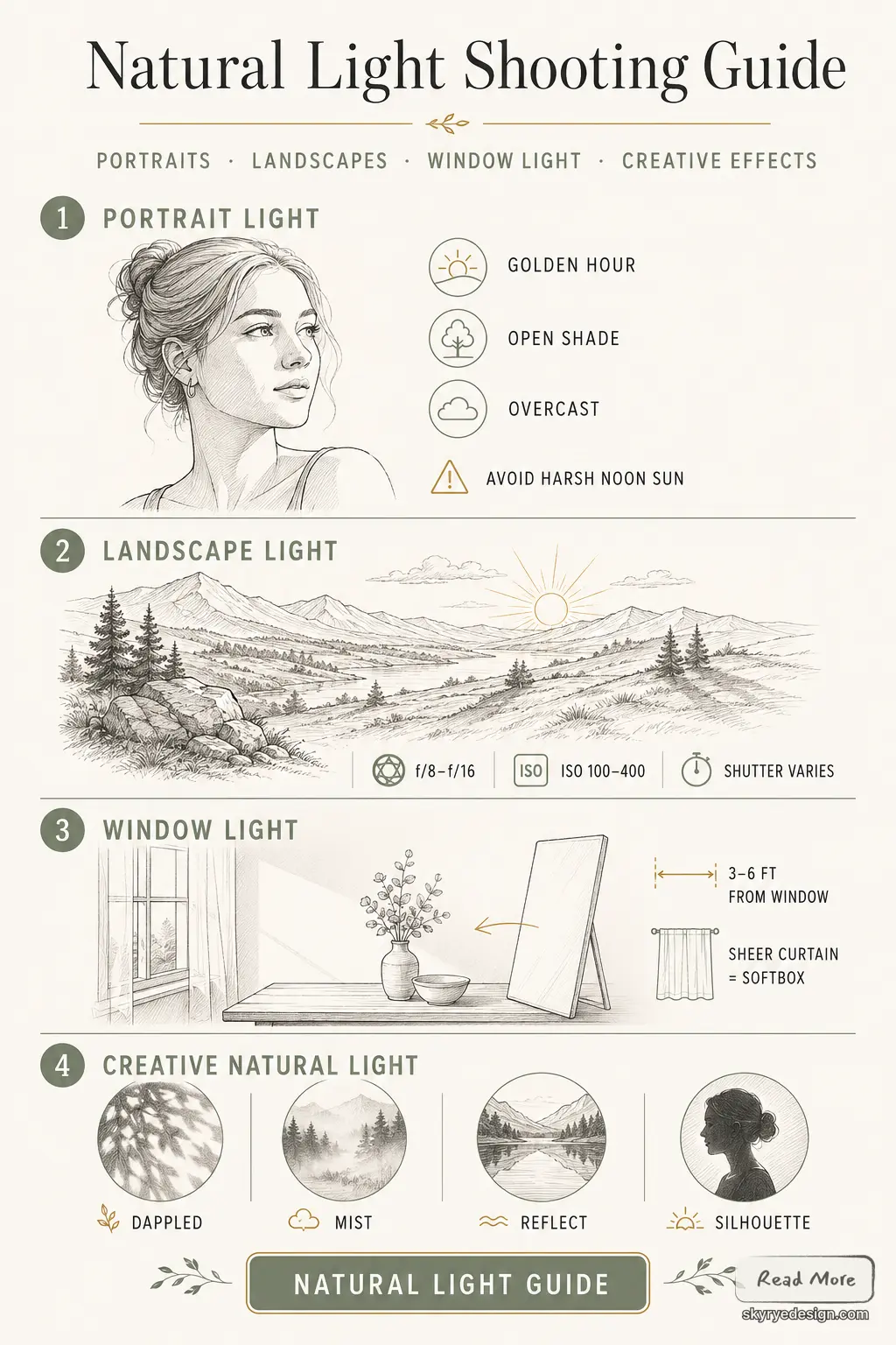 31f55879-45e4-4d5e-a3a7-d598a0e37ed3 1 Infographic: Natural Light Shooting Guide — tips for portrait, landscape, window and creative lighting with icons. | Sky Rye Design Infographic: Natural Light Shooting Guide — tips for portrait, landscape, window and creative lighting with icons.