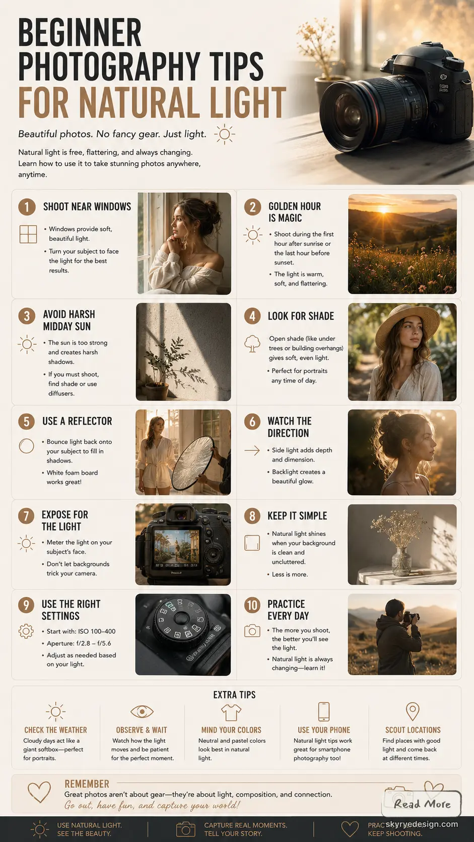natral light photo tips Natural light photography infographic: beginner tips on window light, golden hour, reflectors, exposure, camera settings | Sky Rye Design Natural light photography infographic: beginner tips on window light, golden hour, reflectors, exposure, camera settings