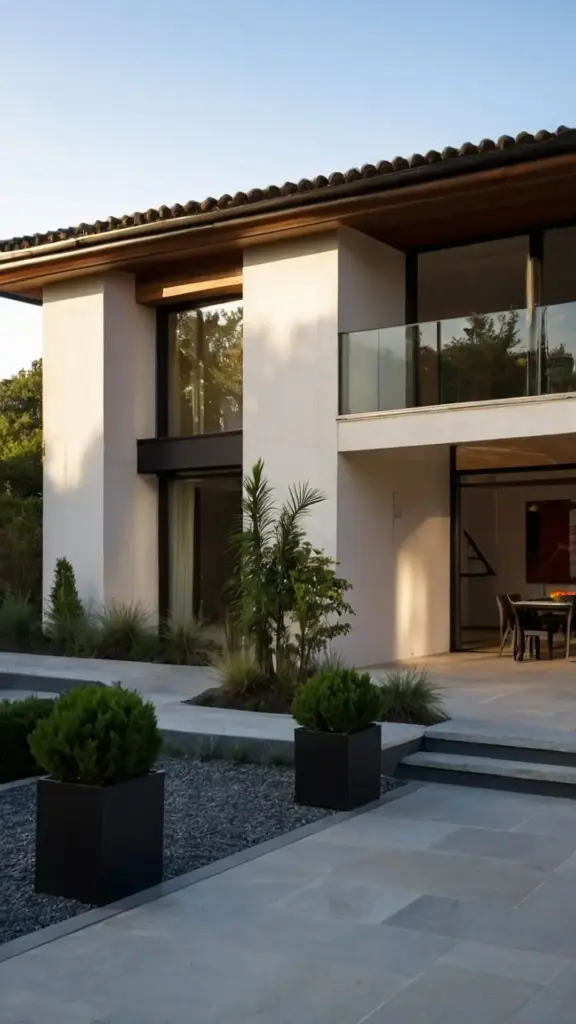 Modern two-story house with large windows, balcony, and landscaped garden featuring potted plants and sleek pathways.