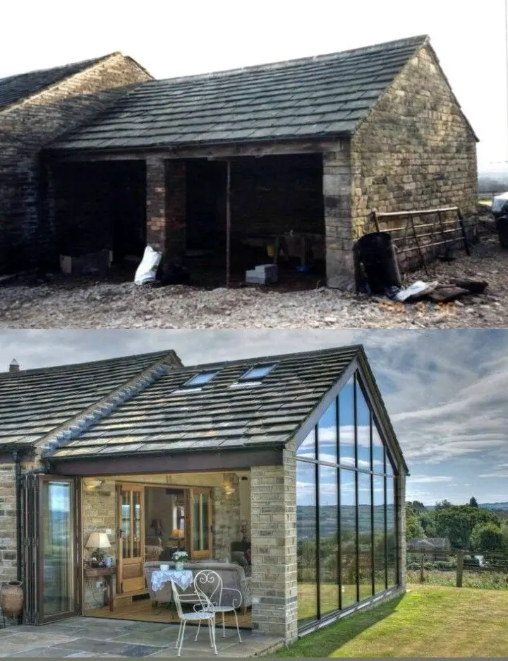 Top: Old stone barn. Bottom: Modern renovated house with glass walls and countryside view, blending rustic and contemporary styles.