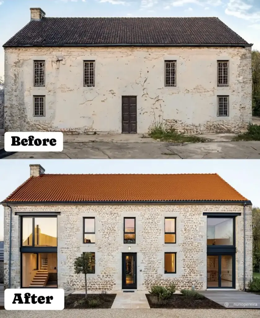 House renovation transformation: before with worn facade, after with modern windows and new roof, blending classic and contemporary design.