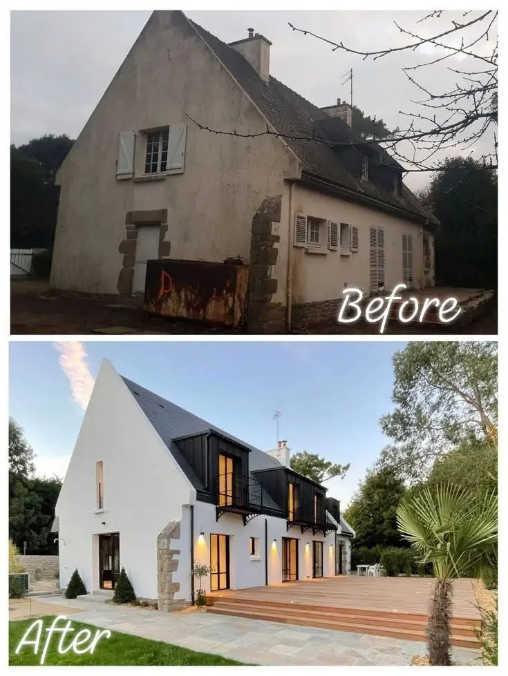 Before and after home renovation showcasing stunning transformation from a rustic, worn exterior to a sleek, modern design.