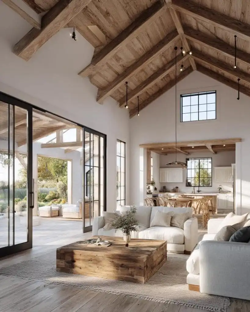 Rustic living room with wooden beams, cozy sofas, and a coffee table, opening to a bright patio and modern kitchen.