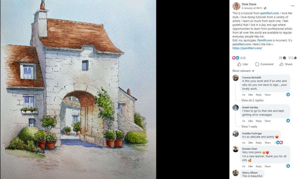 image Watercolor of European stone cottage with arched gateway, terracotta roof and potted plants in courtyard | Sky Rye Design Watercolor of European stone cottage with arched gateway, terracotta roof and potted plants in courtyard