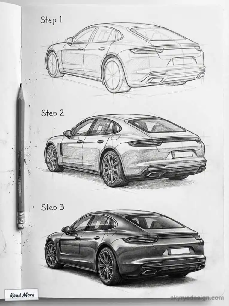 Three-step pencil sketch showing the evolution of a car drawing design, progressing from rough outline to detailed shading.