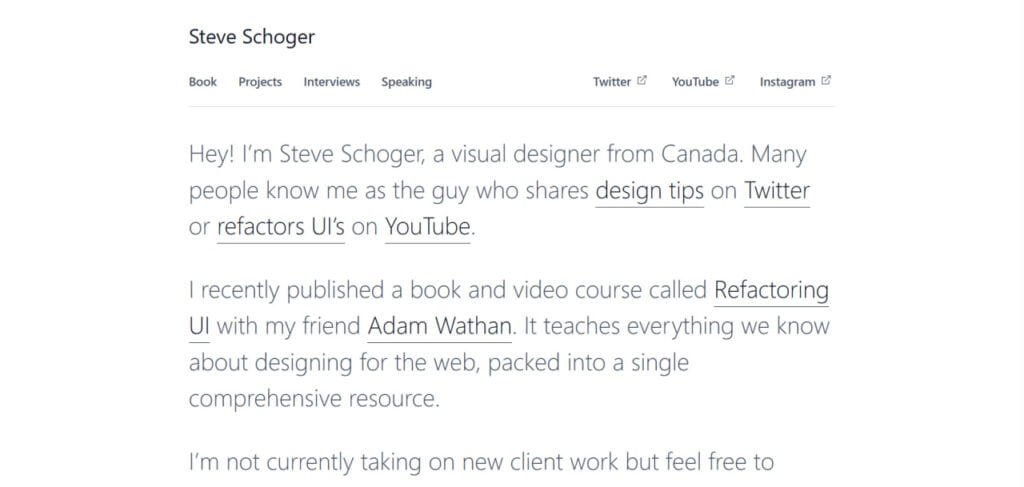 Text introduction by Steve Schoger, a Canadian visual designer, mentioning design tips on Twitter and YouTube, and