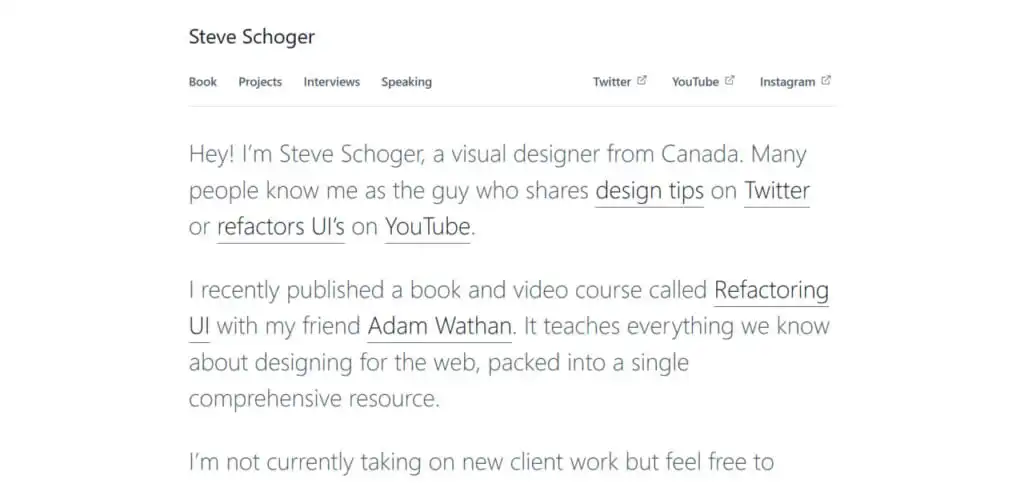 Text introduction by Steve Schoger, a Canadian visual designer, mentioning design tips on Twitter and YouTube, and