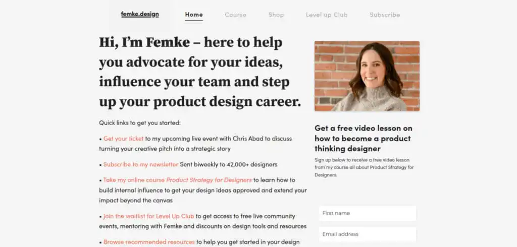 Product design career page offering courses, newsletter, and resources by Femke. Signup for a free video lesson on product