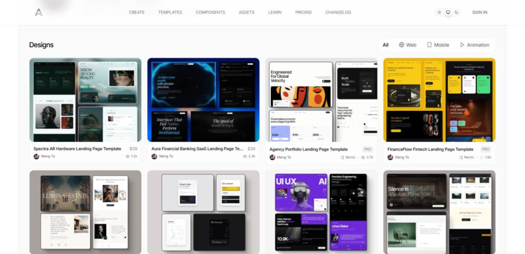 Landing page template gallery showcasing diverse web and mobile designs, including finance, portfolio, and AR hardware