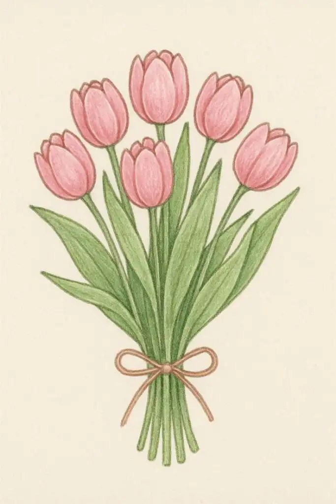 Illustration of a pink tulip bouquet tied with a brown ribbon on a beige background, perfect for spring and floral-themed