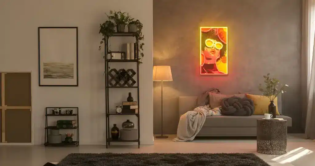 popularity-of-neon-signs-in-interior-design Modern living room with neon art, cozy sofa, and elegant decor. Bookshelf and vibrant wall art create a stylish, inviting atmosphere. | Sky Rye Design Modern living room with neon art, cozy sofa, and elegant decor. Bookshelf and vibrant wall art create a stylish, inviting atmosphere.