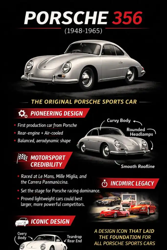 Porsche 356 infographic highlighting its pioneering design, motorsport credibility, and iconic status as the first Porsche