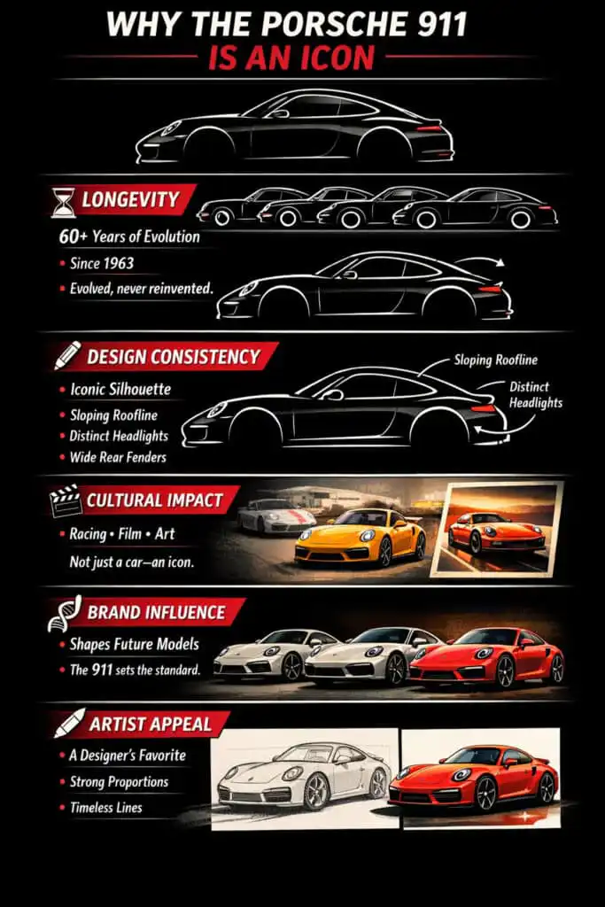Infographic on why the Porsche 911 is iconic: longevity, design consistency, cultural impact, brand influence, and artist