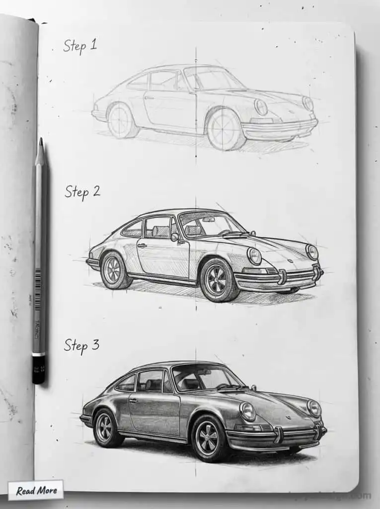 Three-step guide showing the detailed pencil drawing process of a classic car. Includes line sketch, shaded version, and
