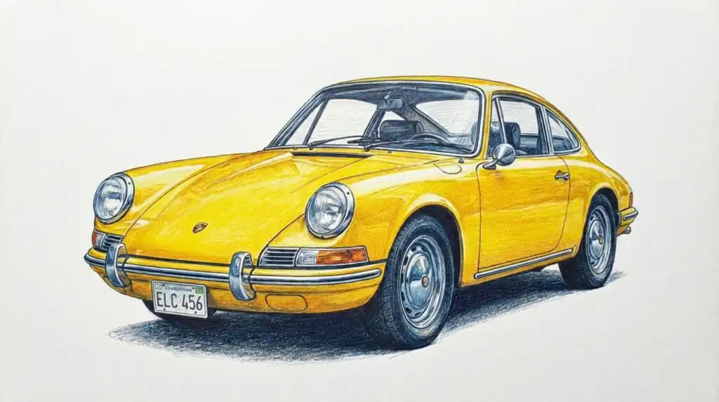 Illustration of a classic yellow vintage car. Detailed side profile with retro design features. Ideal for automotive