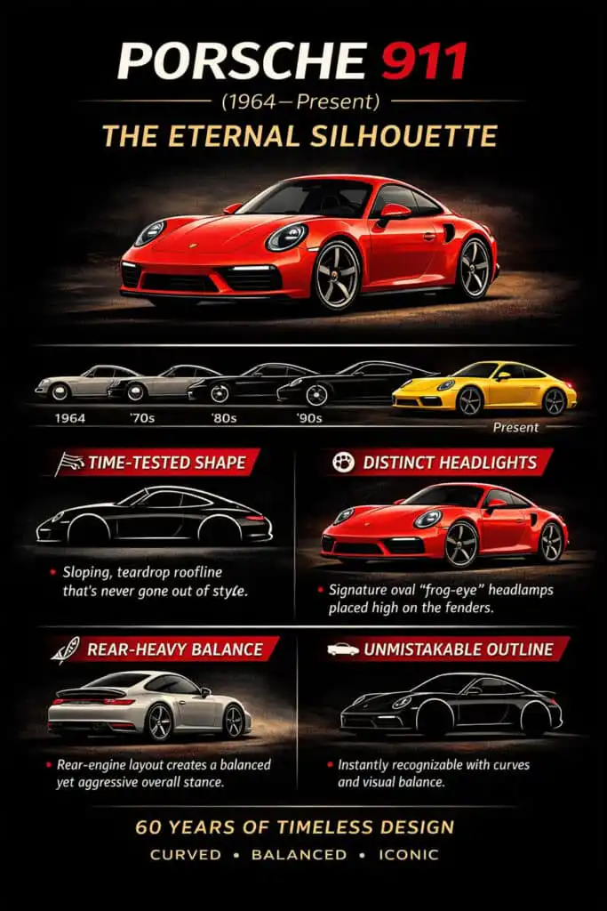 Infographic showcasing the evolution and iconic design features of the Porsche 911, including headlights and rear-heavy