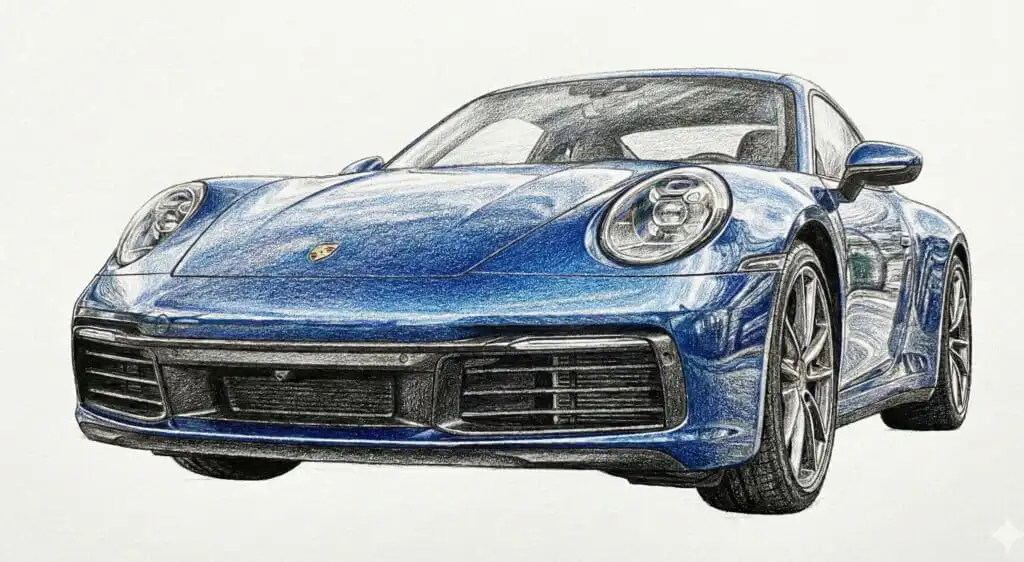 Blue luxury sports car illustration, detailed front view showcasing sleek design and stylish headlights. Ideal for
