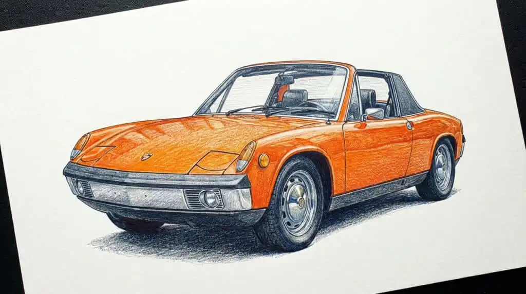 Drawing of an orange classic sports car, showcasing a sleek design and vintage style on white paper, highlighting automotive