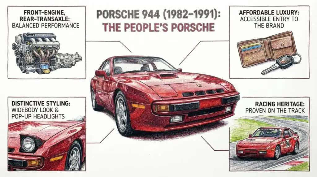 Illustration of Porsche 944 (1982-1991) highlighting design, performance, affordability, and racing heritage. Emphasizes The
