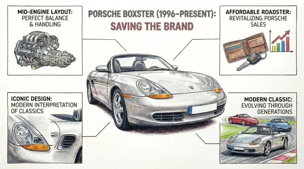 Illustrated evolution of Porsche Boxster, highlighting mid-engine layout, affordability, iconic design, and modern classic