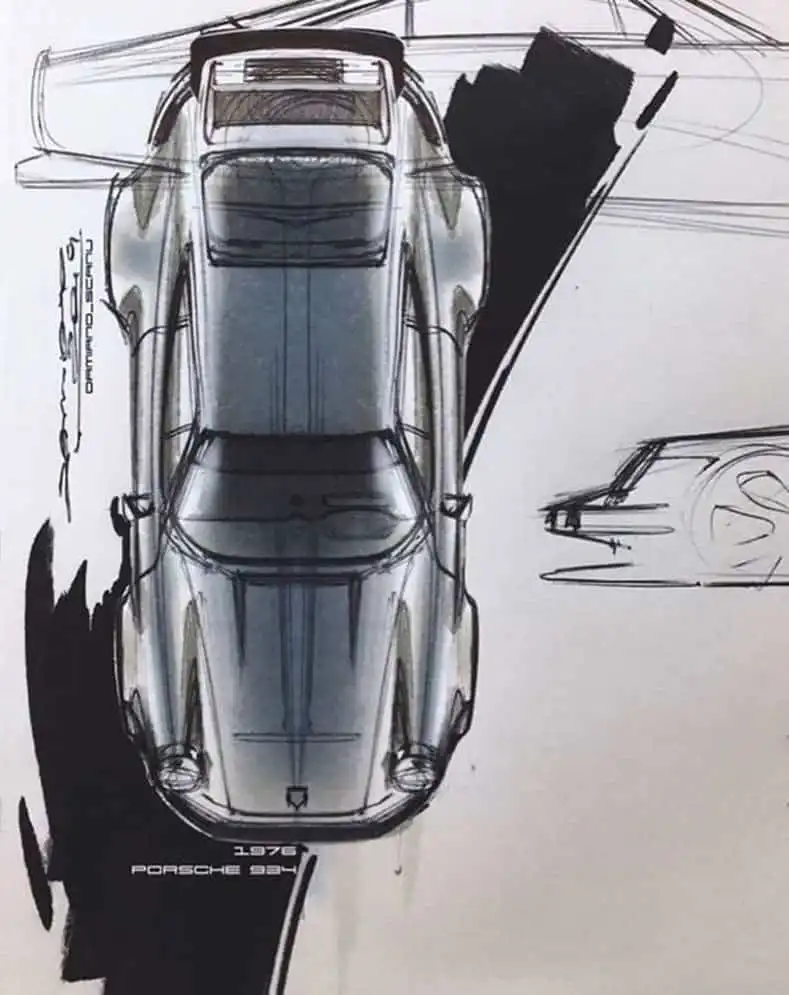 Vintage 1976 Porsche 934 blueprint sketch highlighting aerodynamic design with top view and side details on white background.