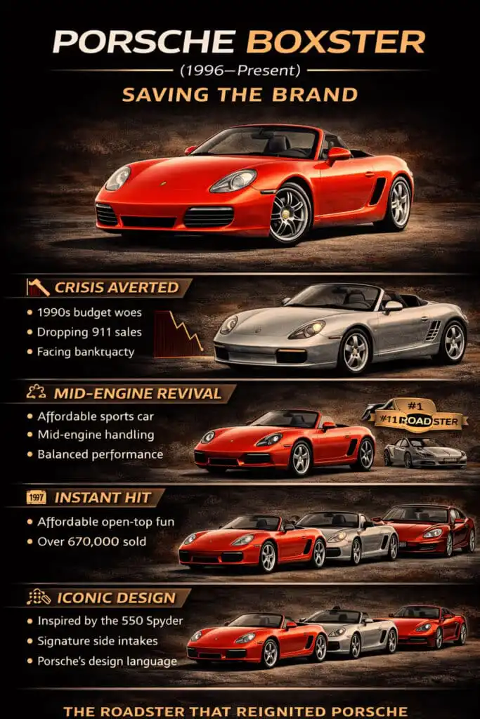 Infographic showcasing the Porsche Boxster's impact, highlighting crisis aversion, mid-engine revival, iconic design, and