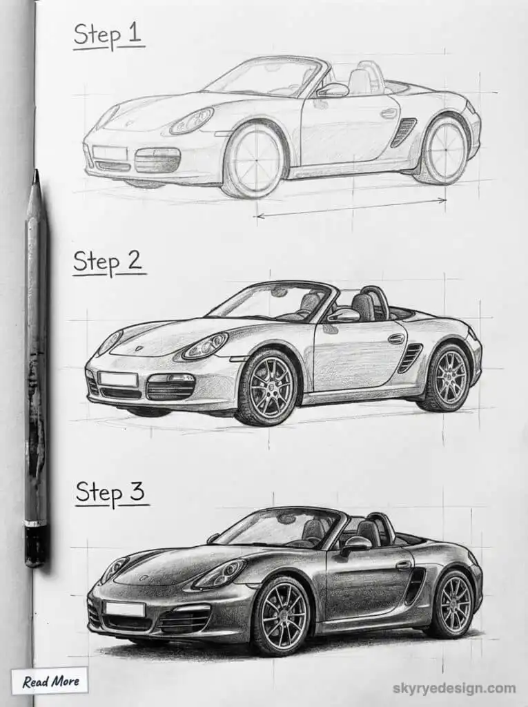 Three-step car drawing process: sketch to realistic shading. Includes a pencil and labeled steps for visual progression.