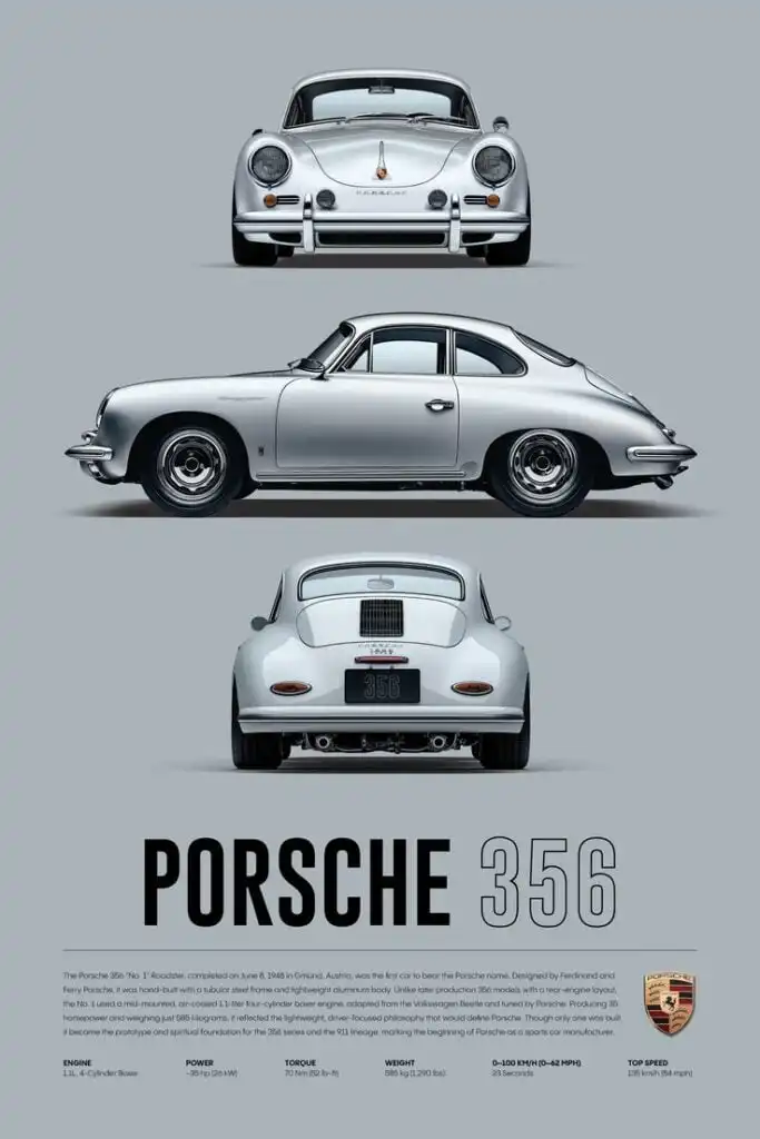 Silver Porsche 356 showcased from front, side, and rear views, highlighting its classic design and specifications.