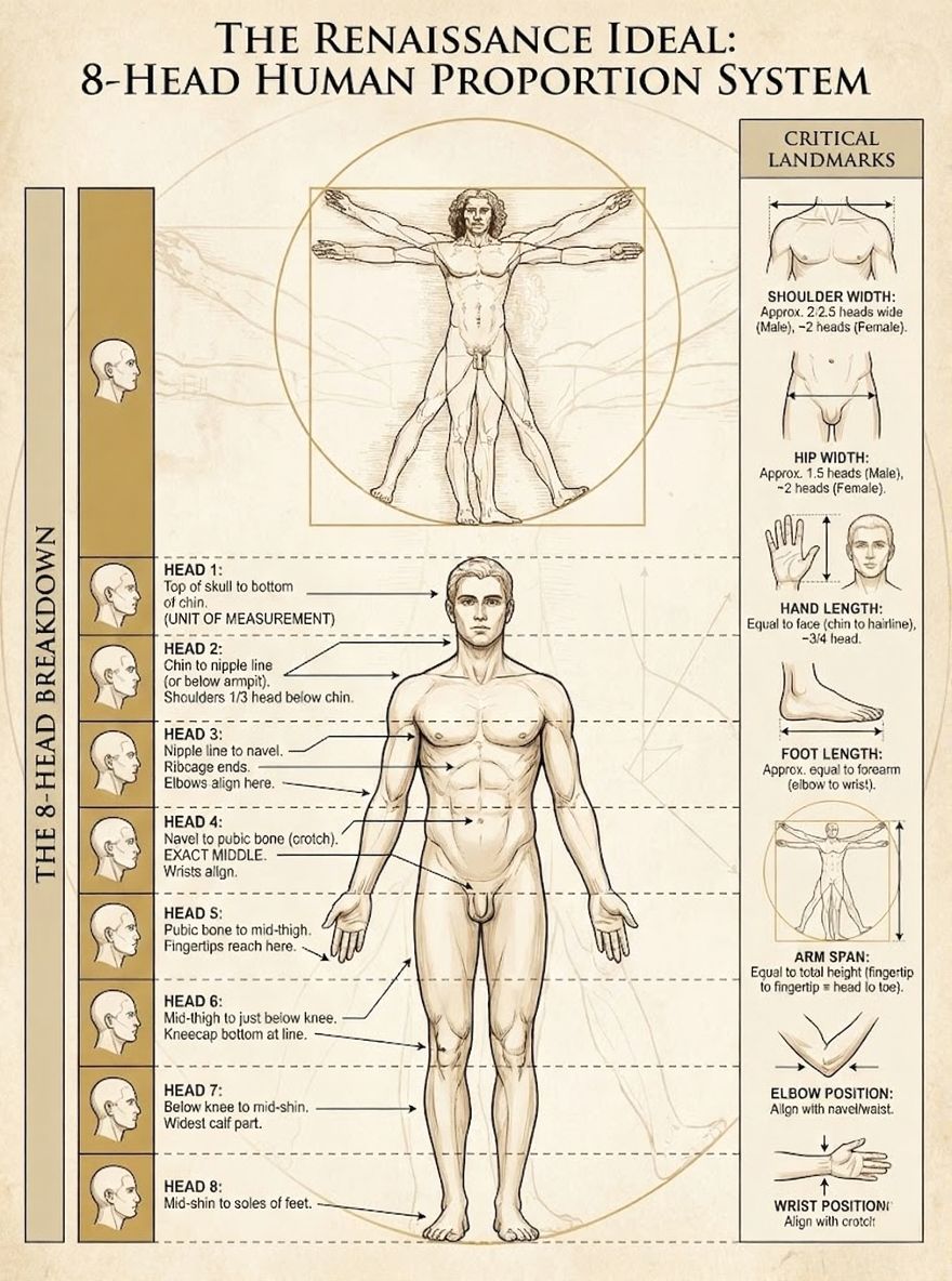 Renaissance ideal 8-head human proportion diagram showing male figure, head-breakdown and critical landmarks (shoulder, hip, hand, arm span)