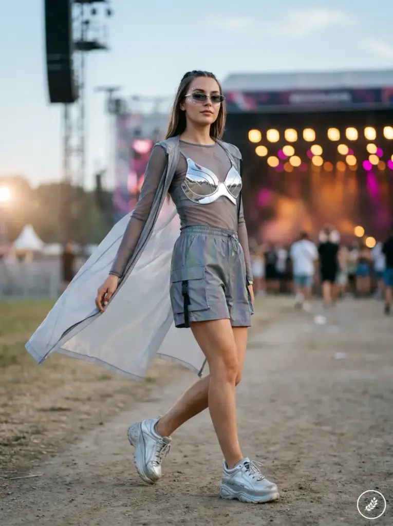 Festival-goer in metallic bra, sheer top, holographic cargo shorts, translucent coat and silver chunky sneakers at concert