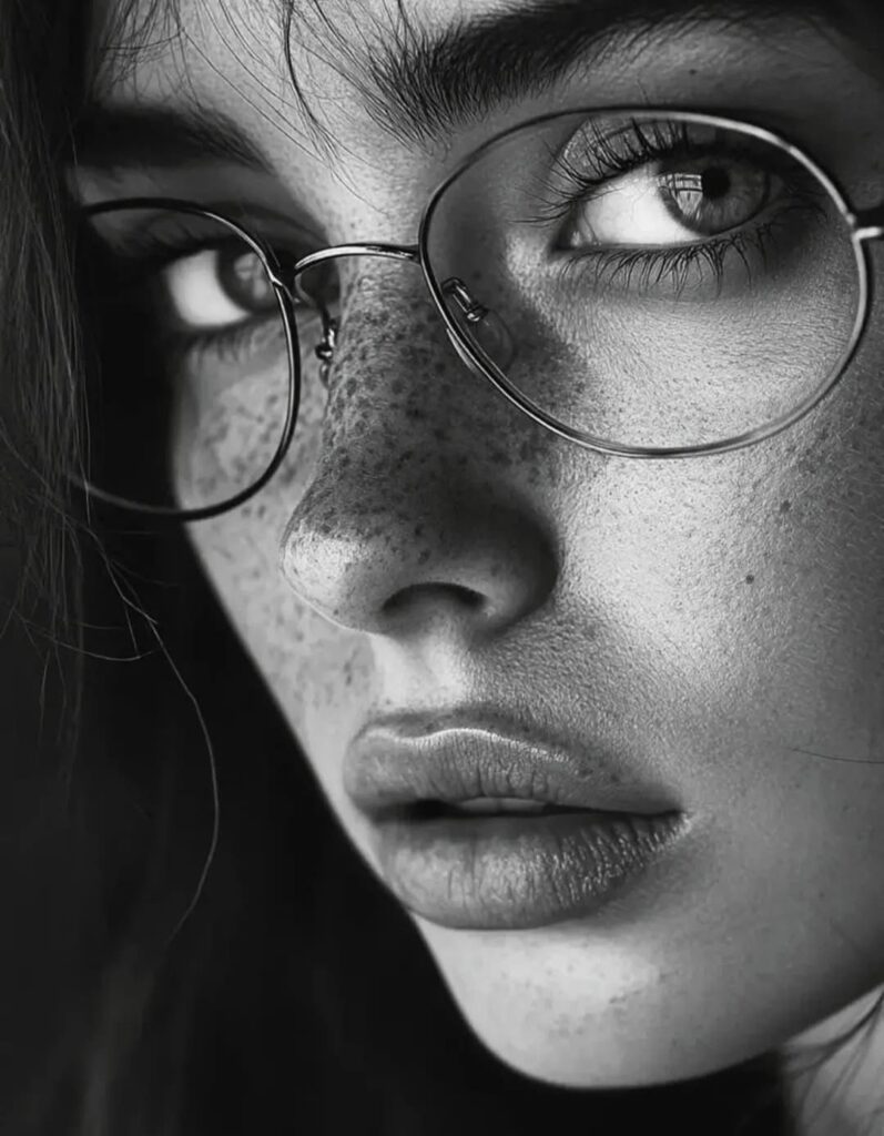 Close-up black and white portrait of a person with freckles and glasses, emphasizing intense eyes and detailed facial features.