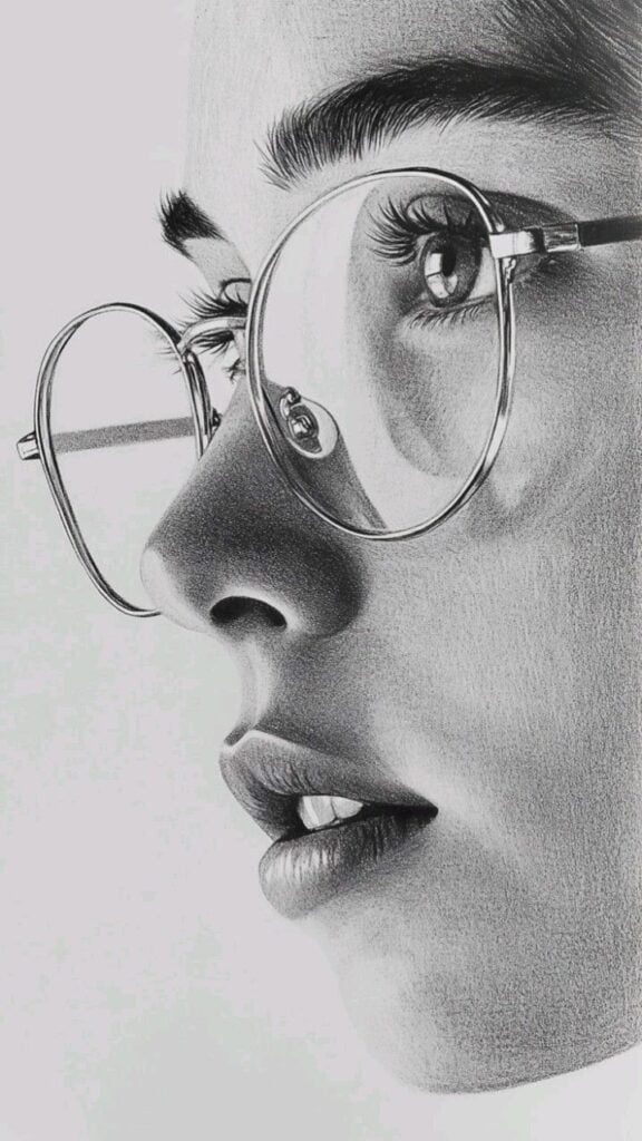 Detailed pencil drawing of a person's face with round glasses, showcasing fine details in the eyes, lips, and facial features.