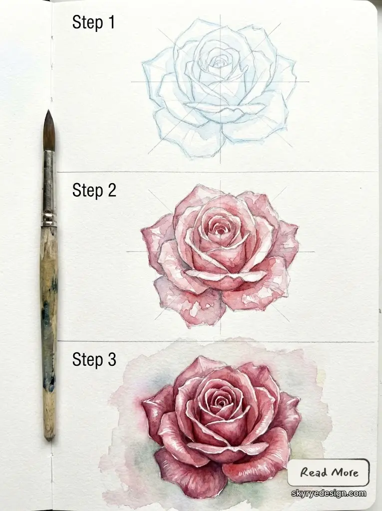 Watercolor rose tutorial: Step 1 sketch, Step 2 base wash, Step 3 finished pink rose with paintbrush at left.