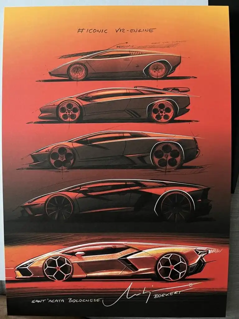 Car design sketches on a gradient background, showcasing the evolution of a V12-engine sports car with sleek lines and