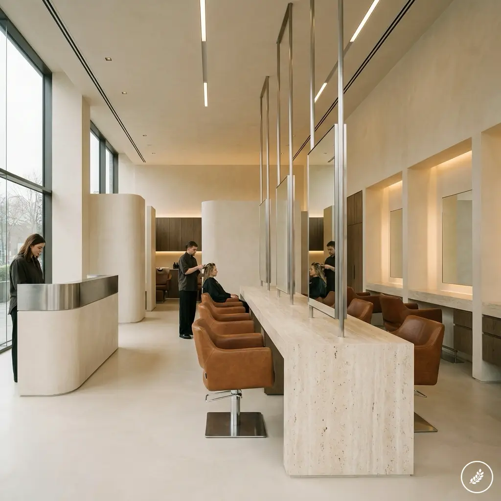 Minimalist_hair_salon_interior_d_202608131558 Hair salon interior with brown leather chairs along a long marble counter and stylists working behind mirrors in natural light from large windows. | Sky Rye Design Hair salon interior with brown leather chairs along a long marble counter and stylists working behind mirrors in natural light from large windows.