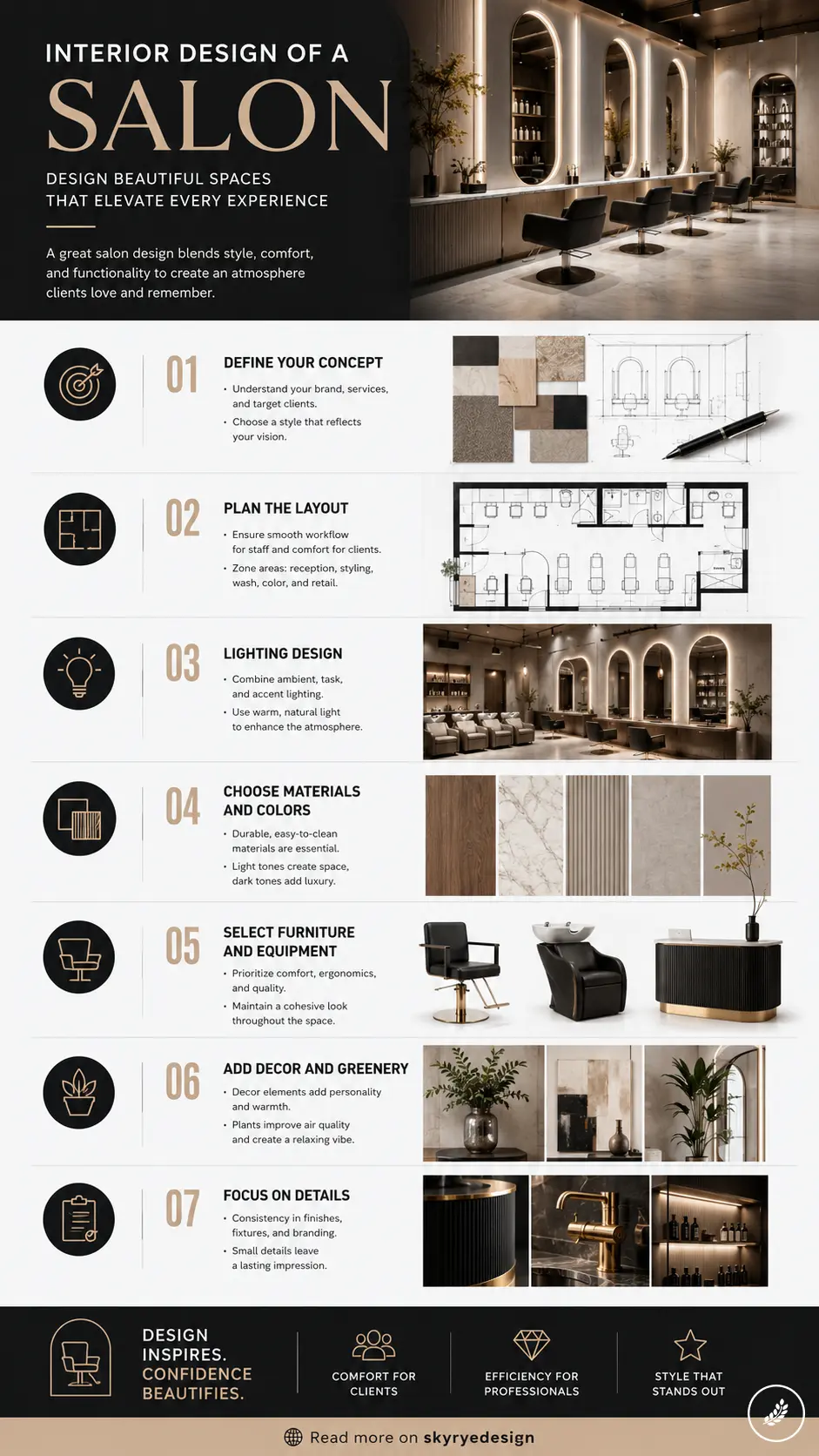 e60b0608-27c8-4147-8d8b-148d7198c58f Infographic detailing salon interior design steps—concept, layout, lighting, materials, furniture, and decor with swatches and plans. | Sky Rye Design Infographic detailing salon interior design steps—concept, layout, lighting, materials, furniture, and decor with swatches and plans.