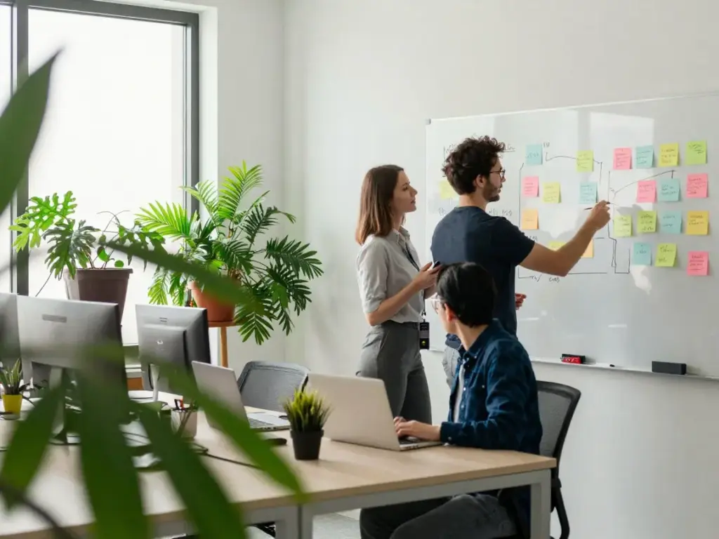 sartup-4 Team collaborating at office with whiteboard and sticky notes, laptops on desk, surrounded by indoor plants for a creative workspace. | Sky Rye Design Team collaborating at office with whiteboard and sticky notes, laptops on desk, surrounded by indoor plants for a creative workspace.